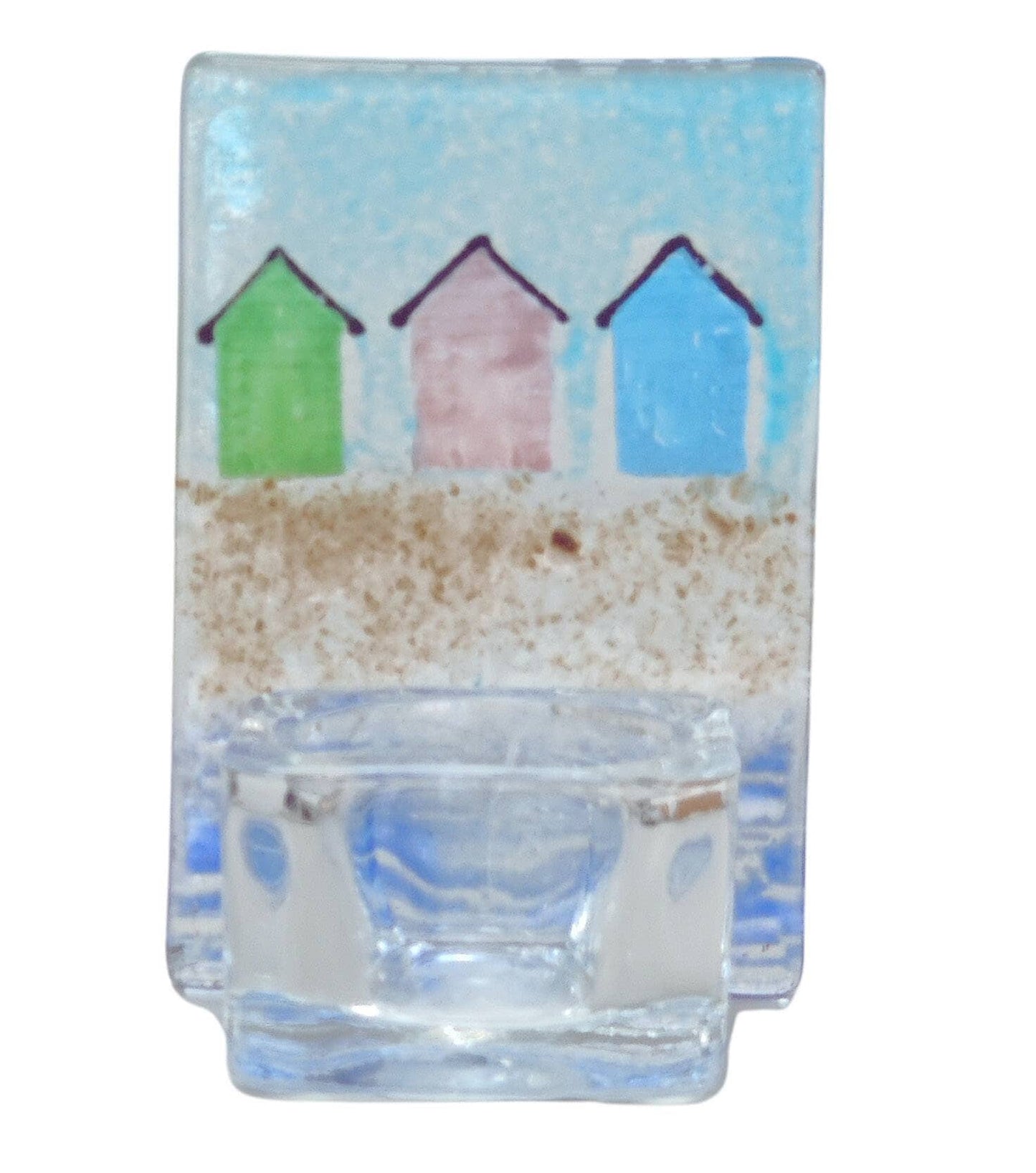 Fused glass tealight holder, beach hut, seaside, candle shade, beach tea light holder