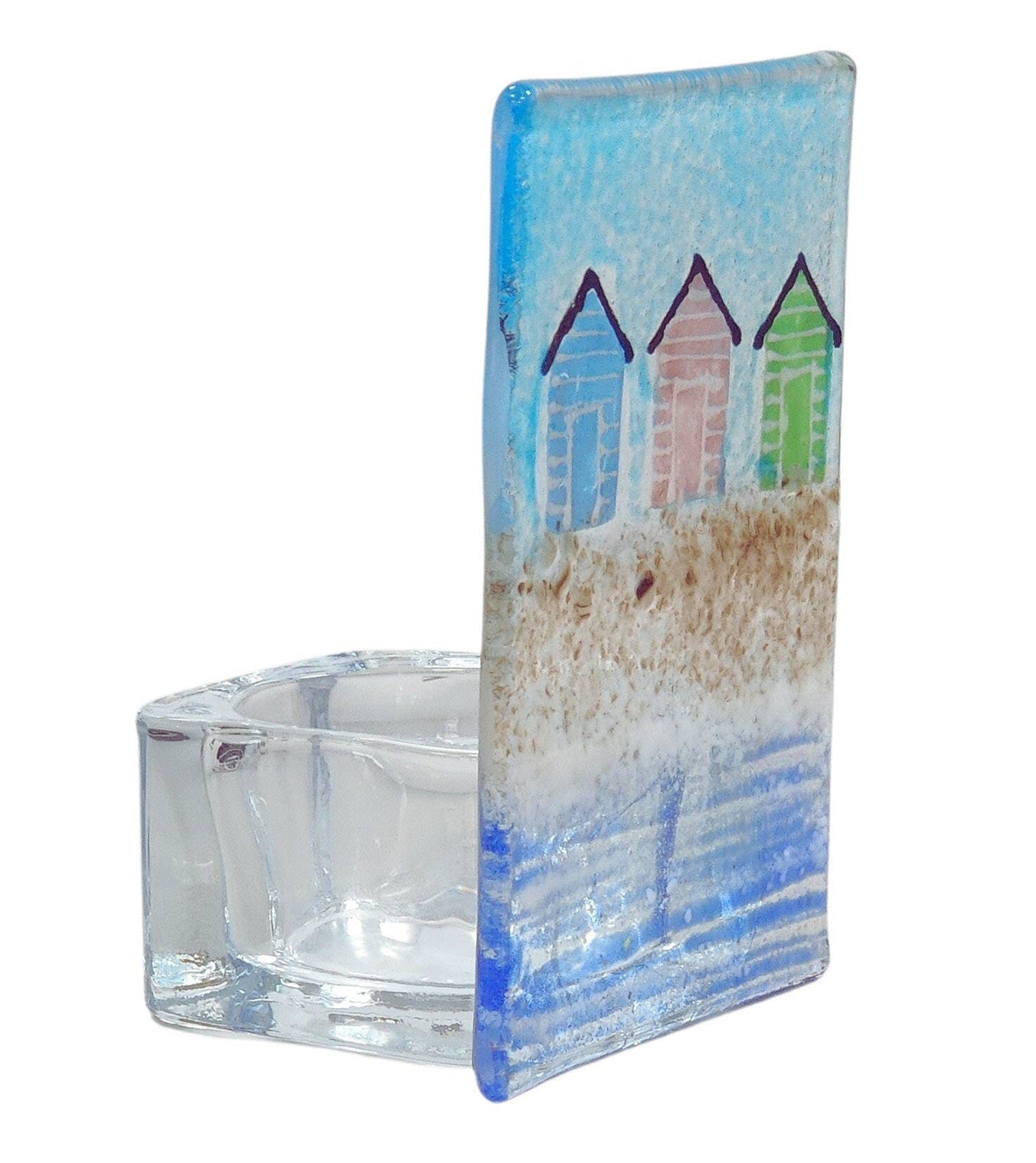 Fused glass tealight holder, beach hut, seaside, candle shade, beach tea light holder