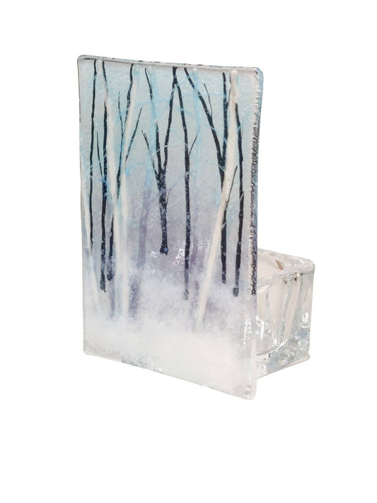 Fused glass tealight  holder, winter Woods, candle shade, snowy tea light holder