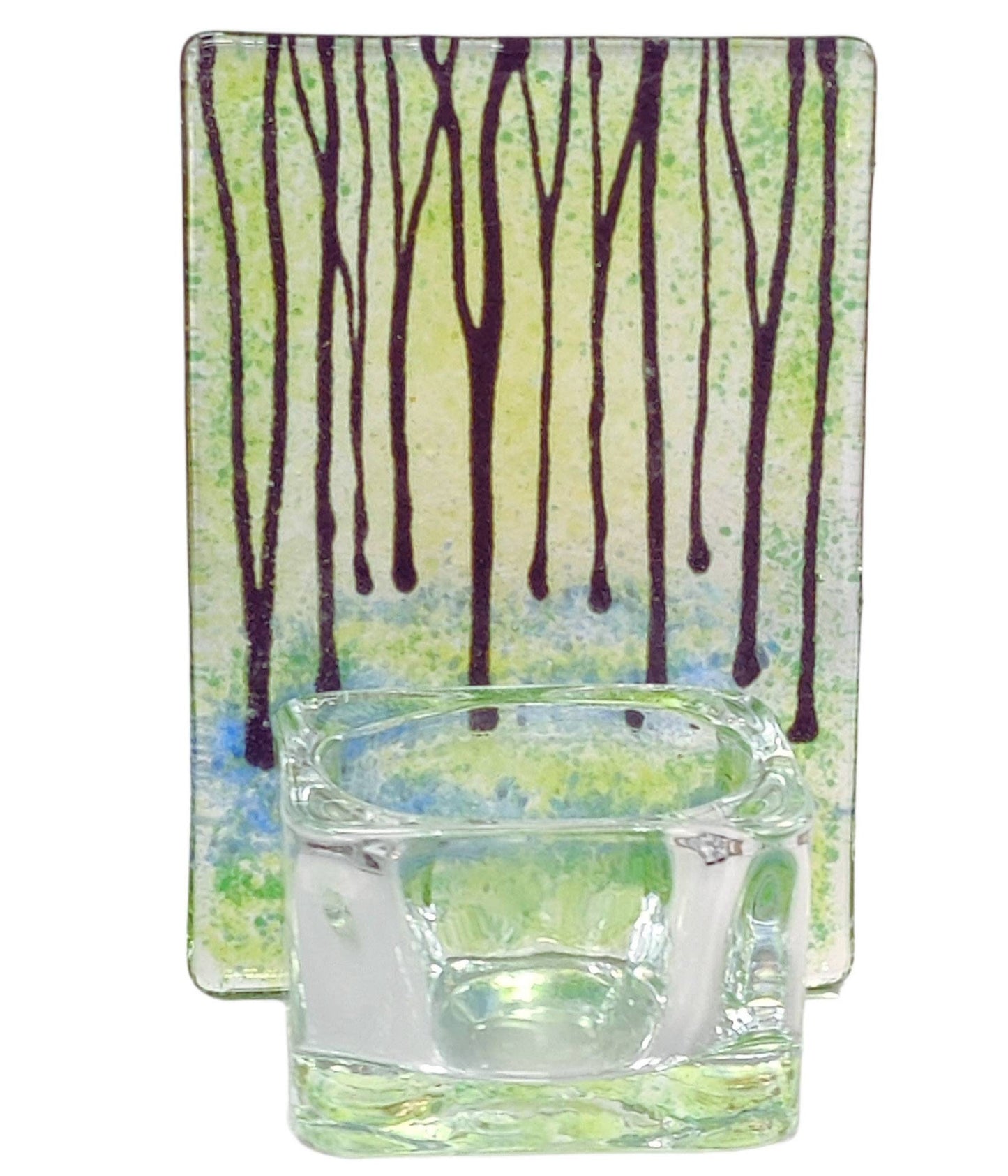 Fused glass tealight  holder, bluebell woods, candle shade, blue- green tea light holder