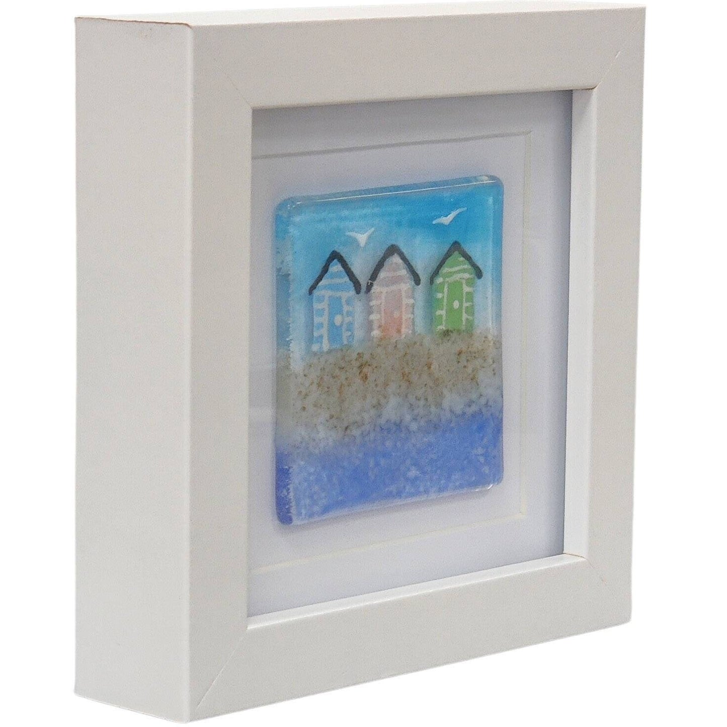 Fused glass small framed picture, mini fused glass gift, beach hut picture, fused glass seaside picture