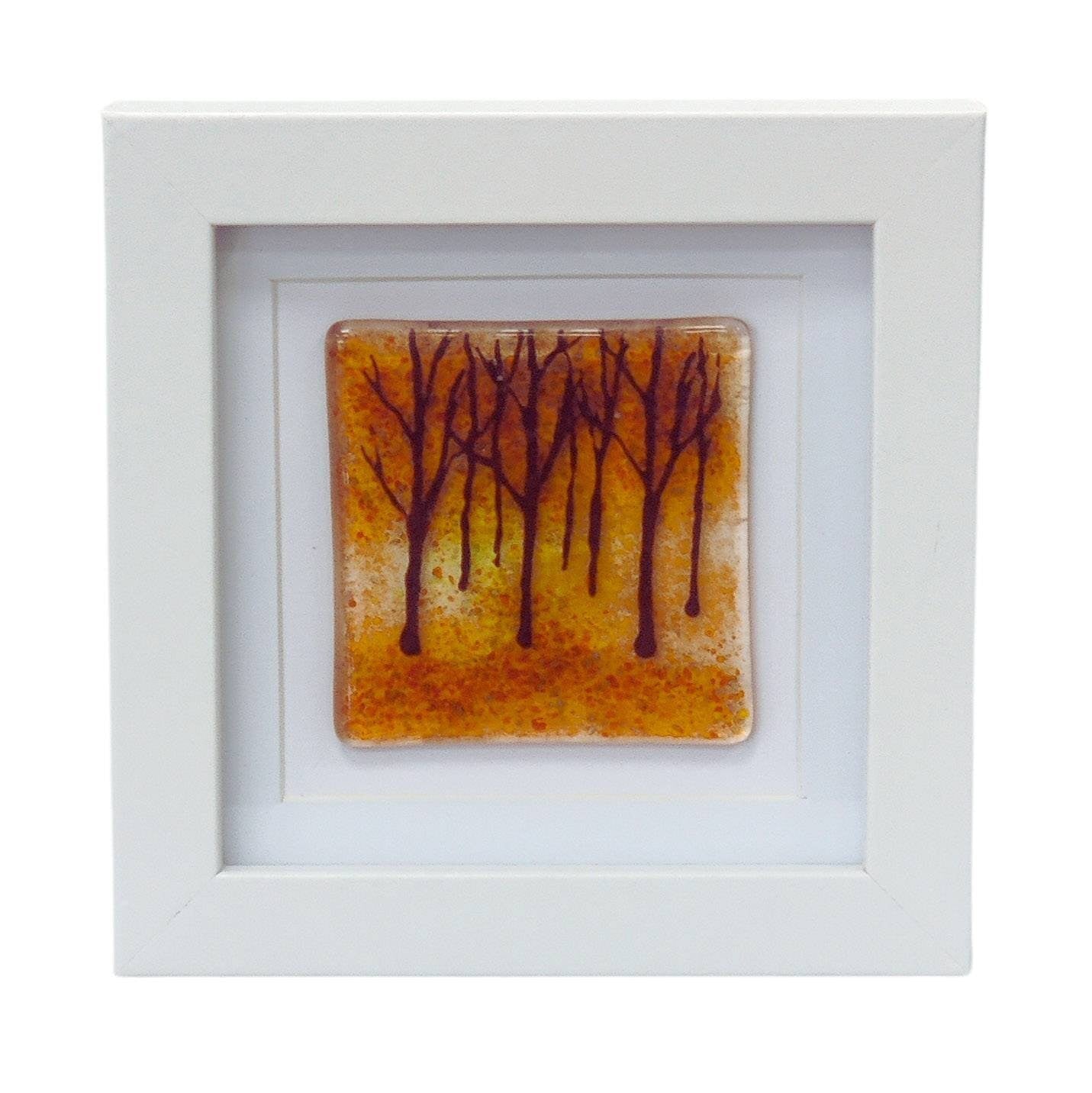 Fused glass small framed picture, mini fused glass art, Autumn forest, fused glass trees picture