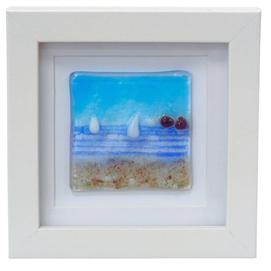 Fused glass small framed picture, mini fused glass art, beach and sea art, fused glass sailboat picture