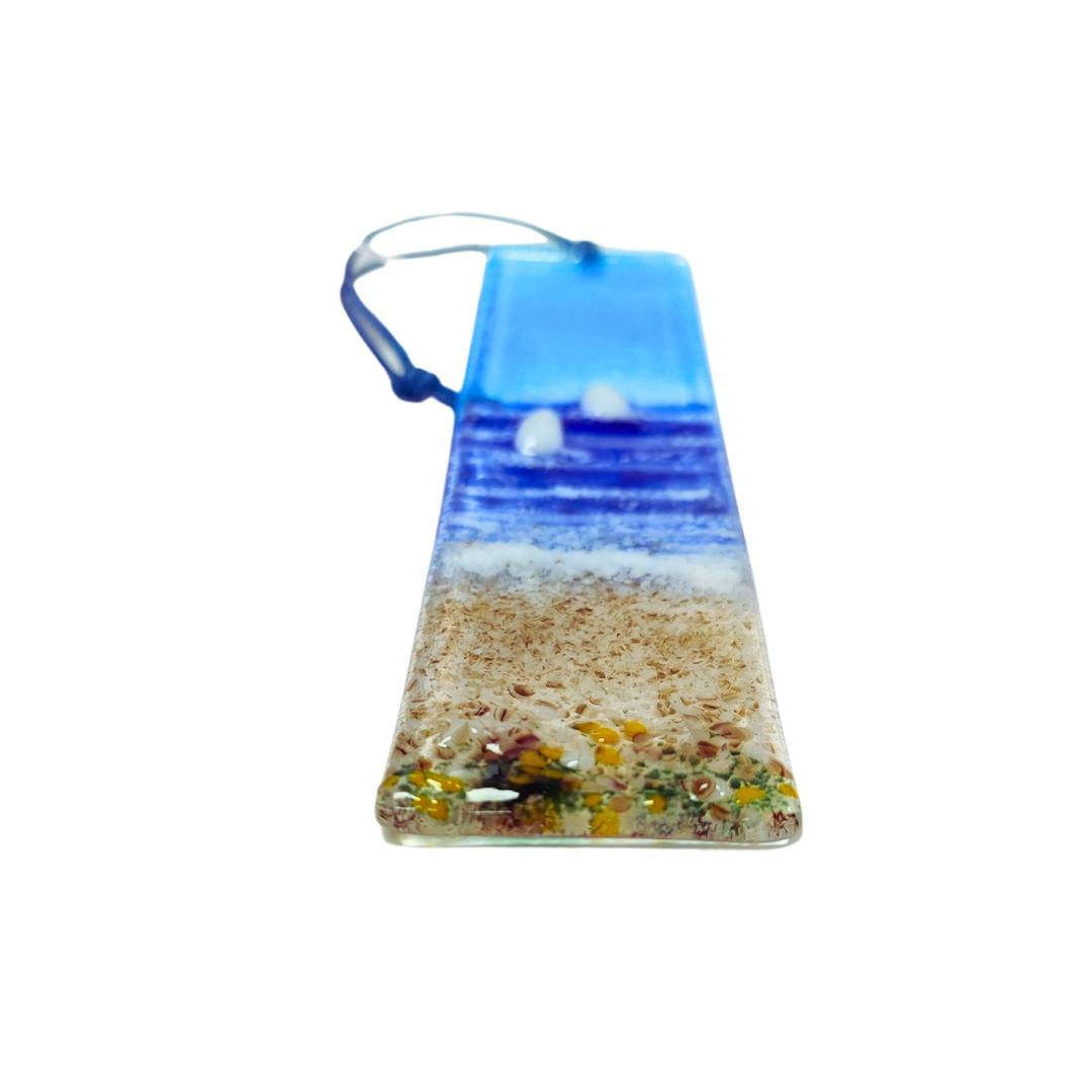Fused glass suncatcher, sailboat, seaside, beach, fused glass art, window hanging art, glass hanging picture.