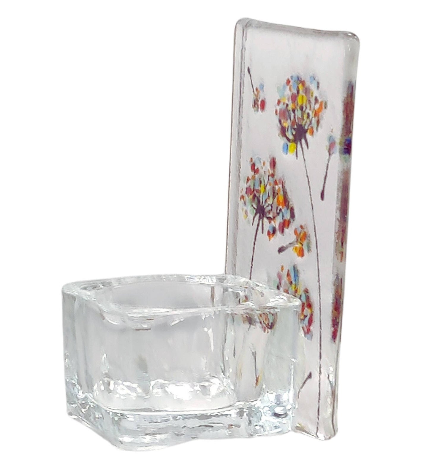 Fused glass tealight holder, rainbow dandylion wishes candle shade, Flower tea light holder
