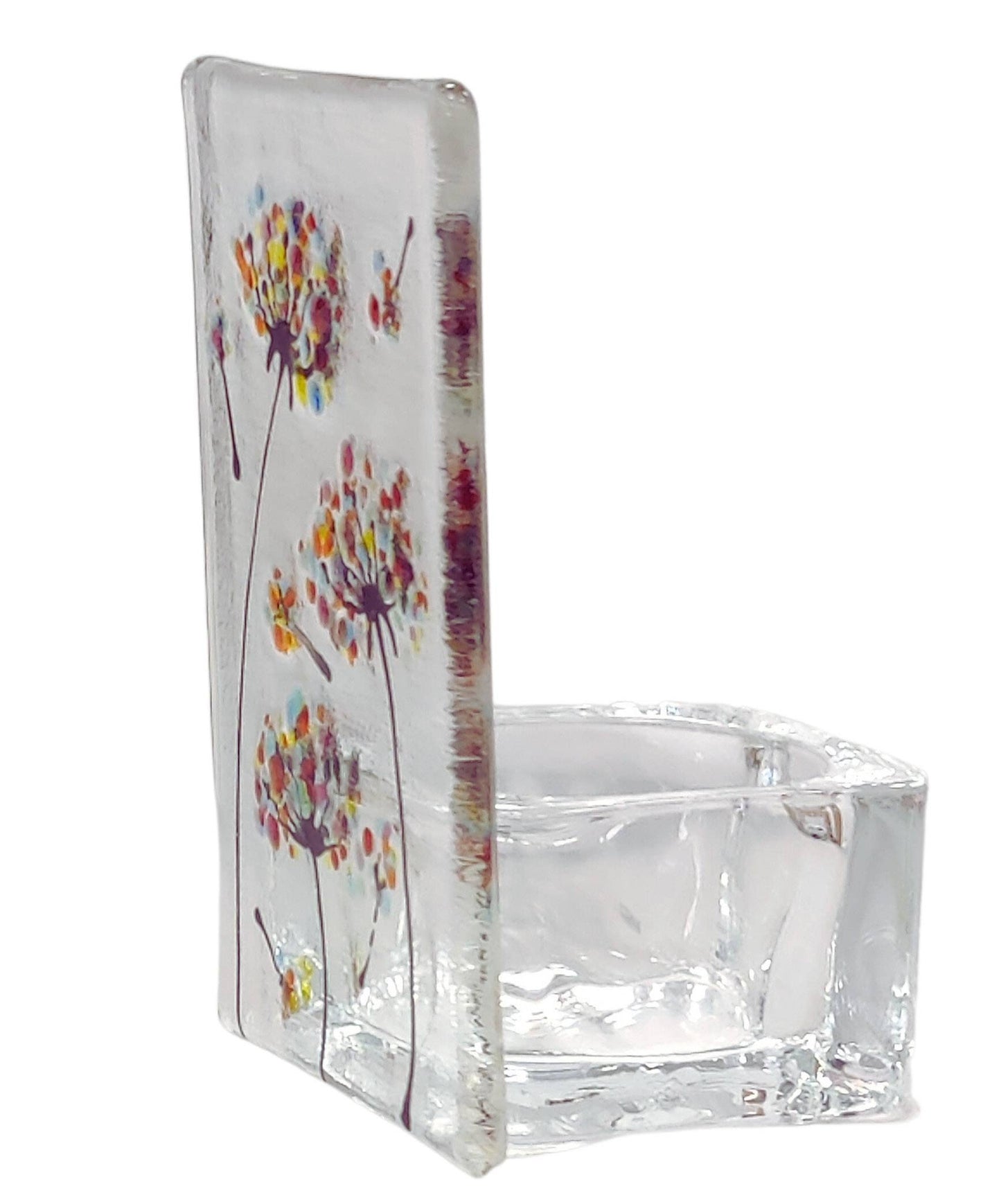 Fused glass tealight holder, rainbow dandylion wishes candle shade, Flower tea light holder