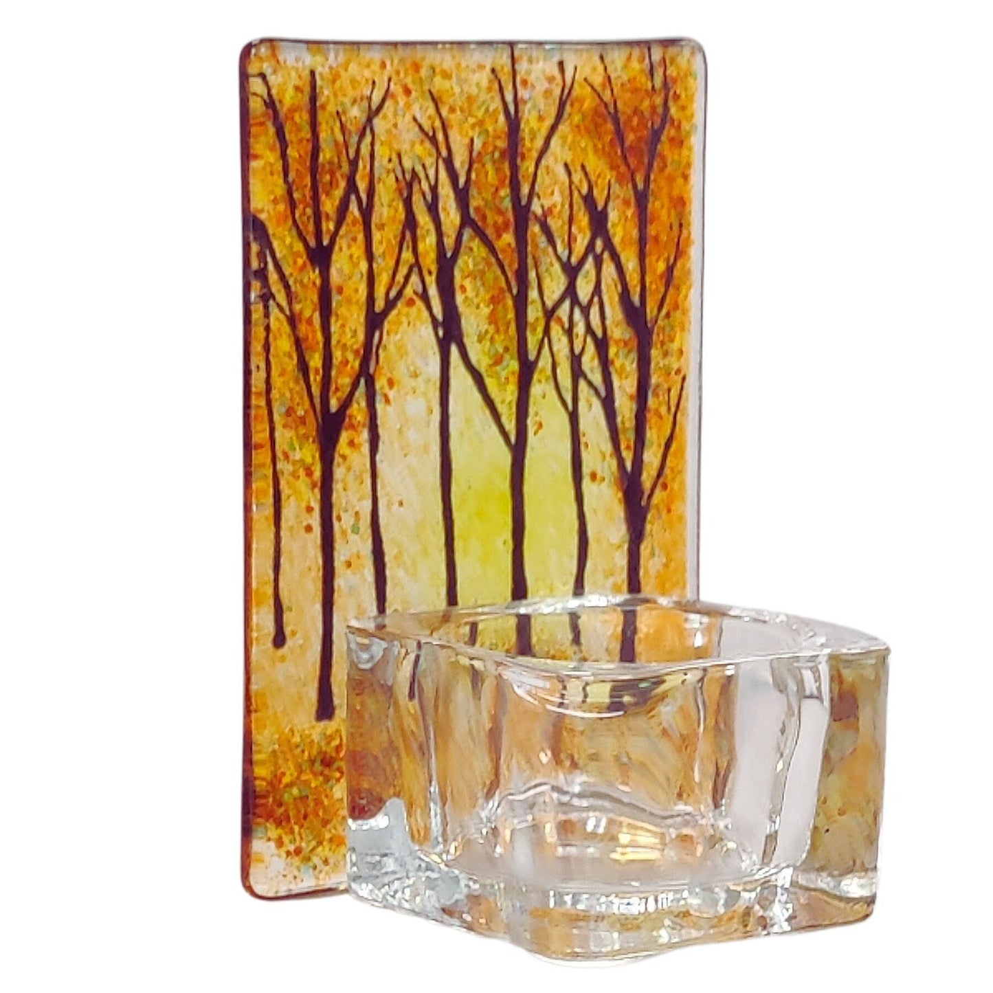 Fused glass tealight holder, autumn forest, candle shade, autumn tea light holder