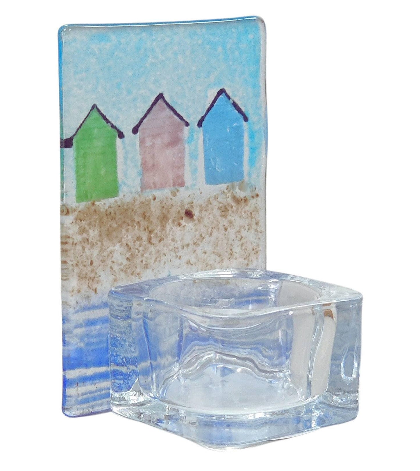 Fused glass tealight holder, beach hut, seaside, candle shade, beach tea light holder