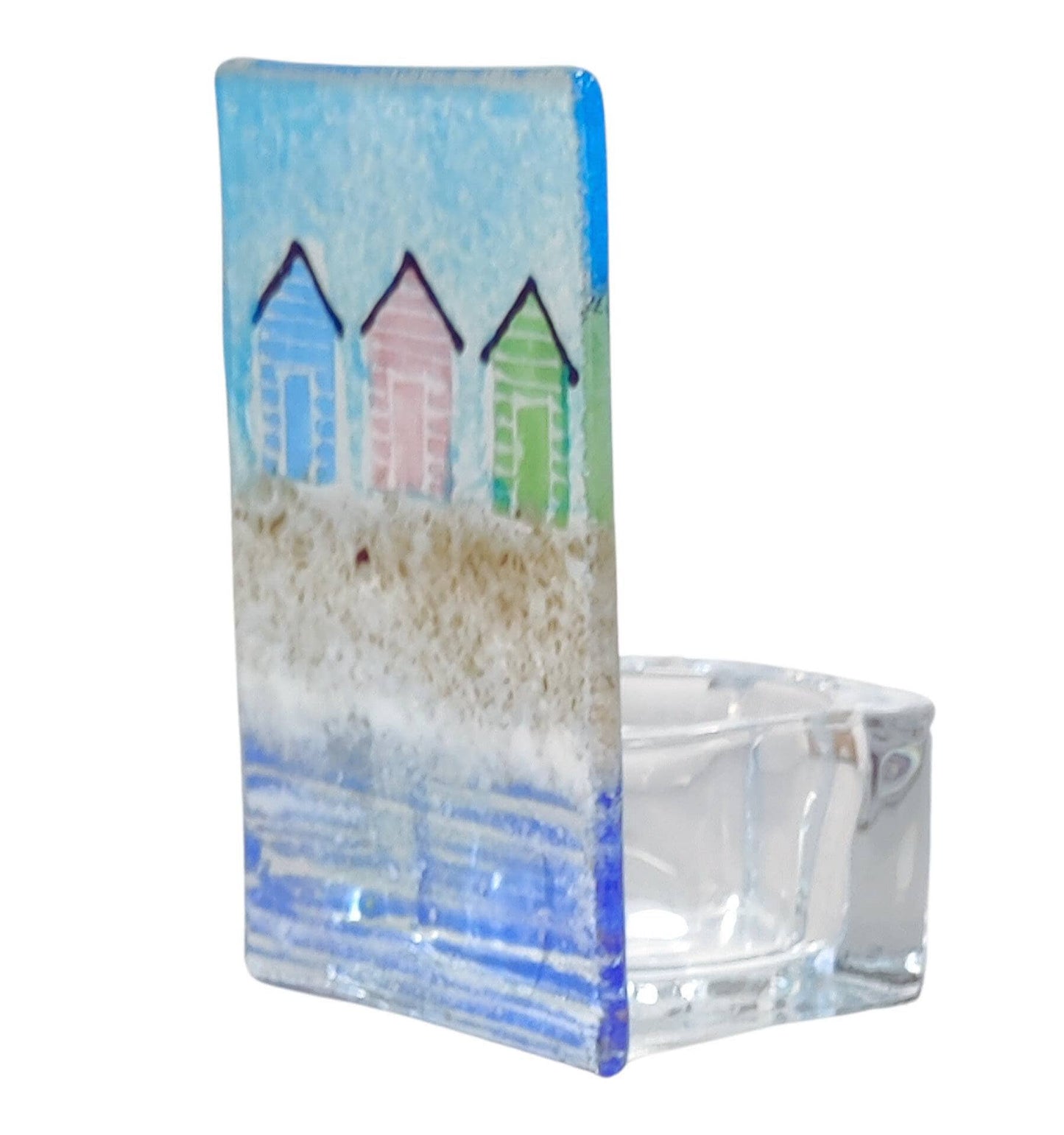 Fused glass tealight holder, beach hut, seaside, candle shade, beach tea light holder