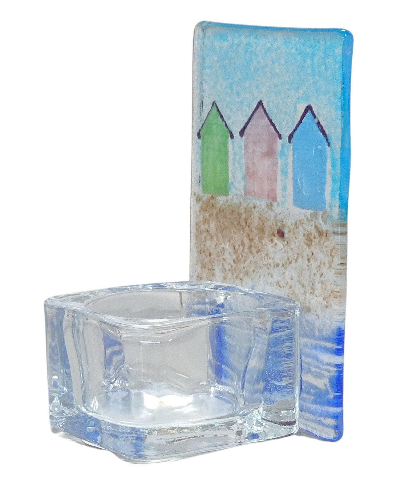 Fused glass tealight holder, beach hut, seaside, candle shade, beach tea light holder