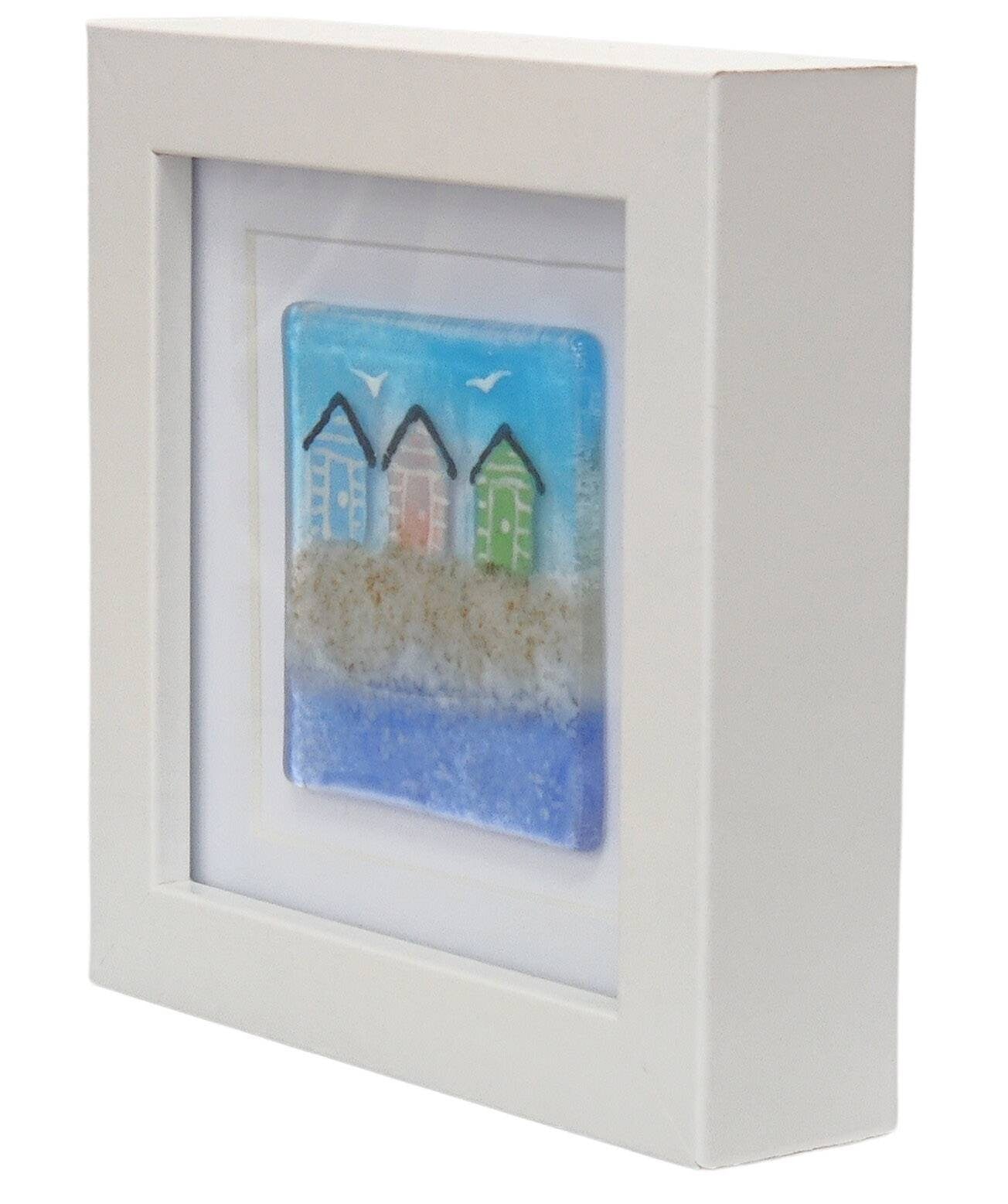 Fused glass small framed picture, mini fused glass gift, beach hut picture, fused glass seaside picture