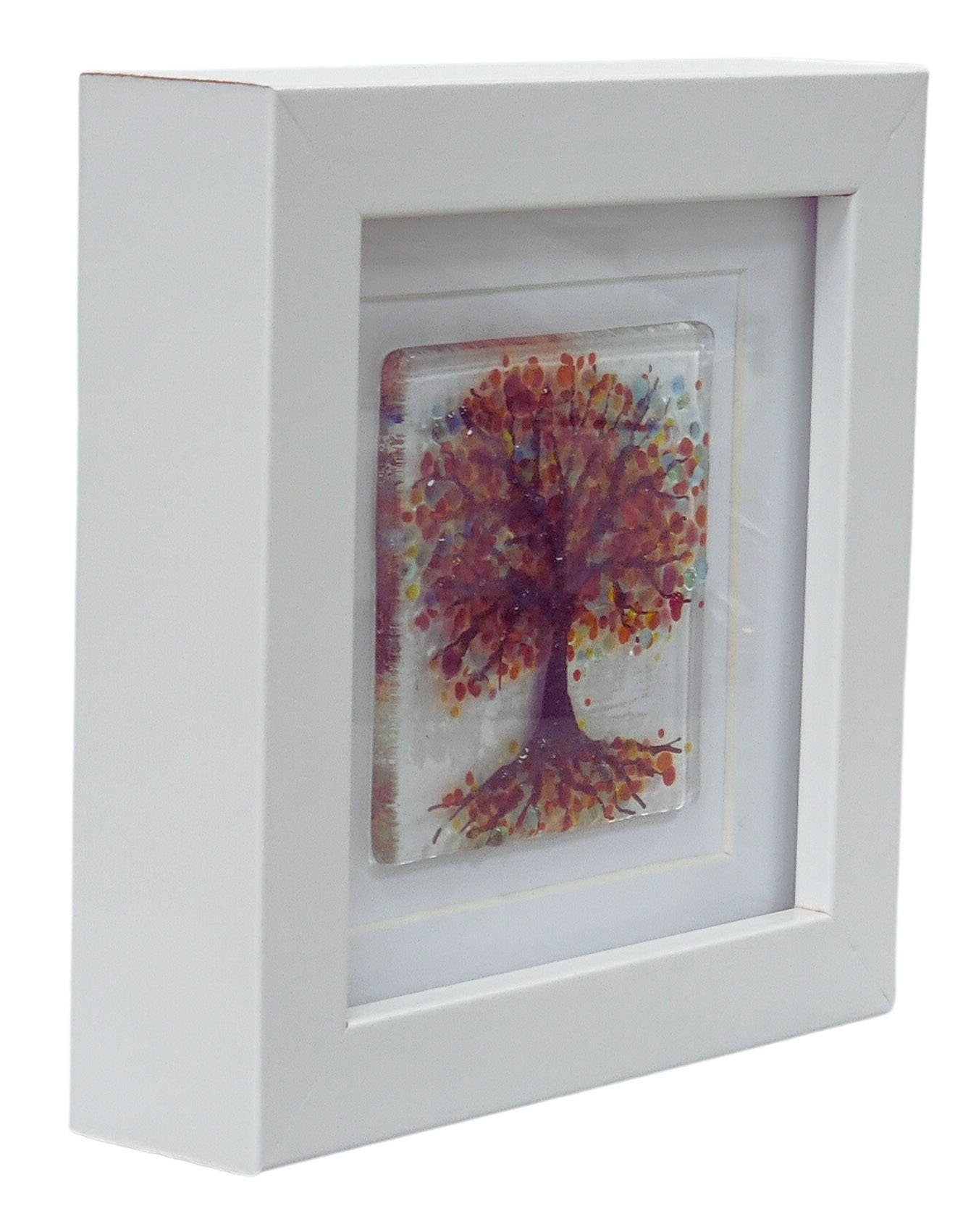 Fused glass small framed picture, mini fused glass art, rainbow tree, fused glass trees picture