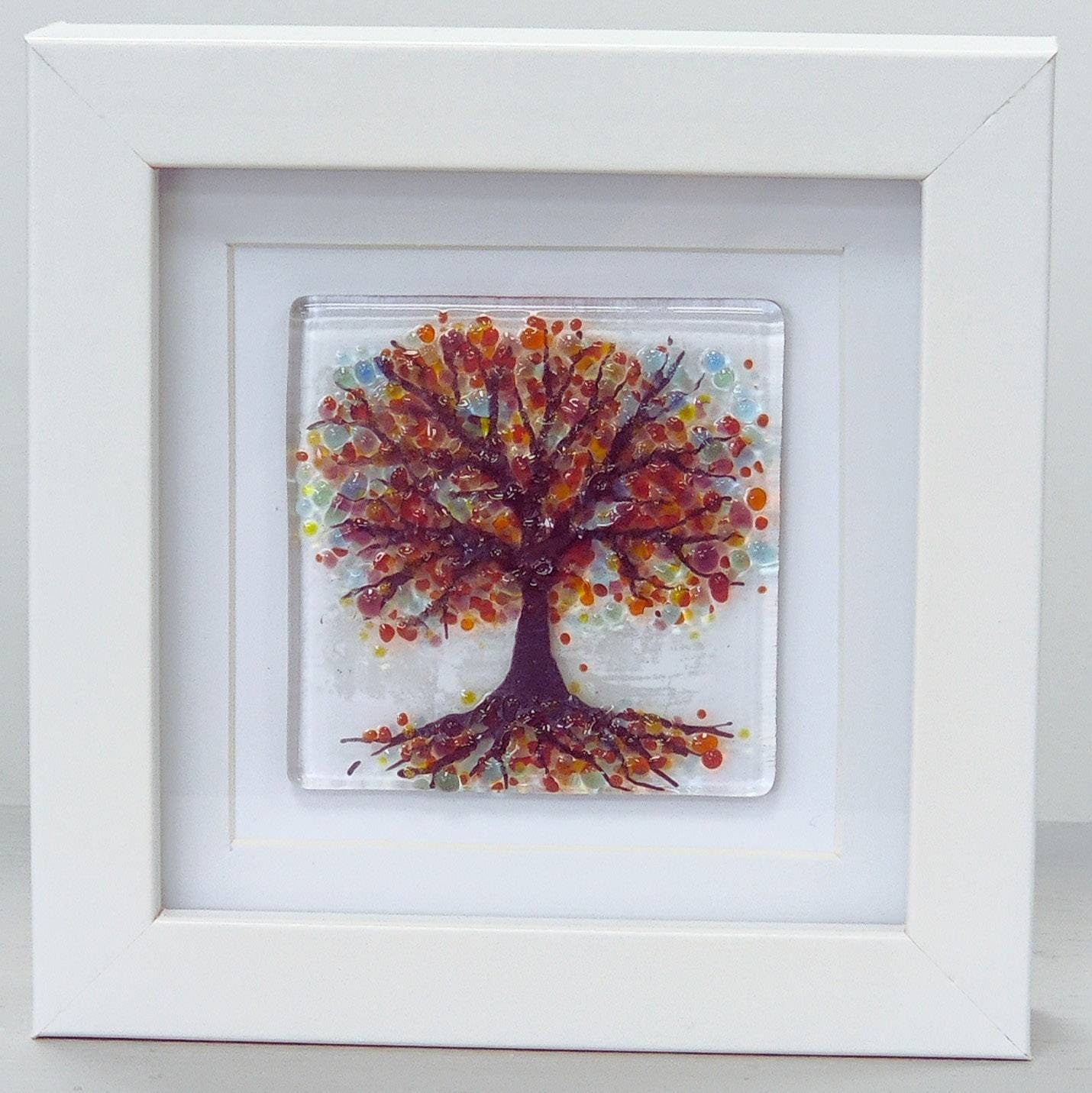 Fused glass small framed picture, mini fused glass art, rainbow tree, fused glass trees picture