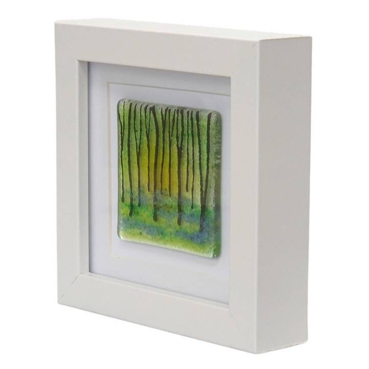 Fused glass small framed picture, mini fused glass art, bluebell woods art, fused glass bluebells- trees picture