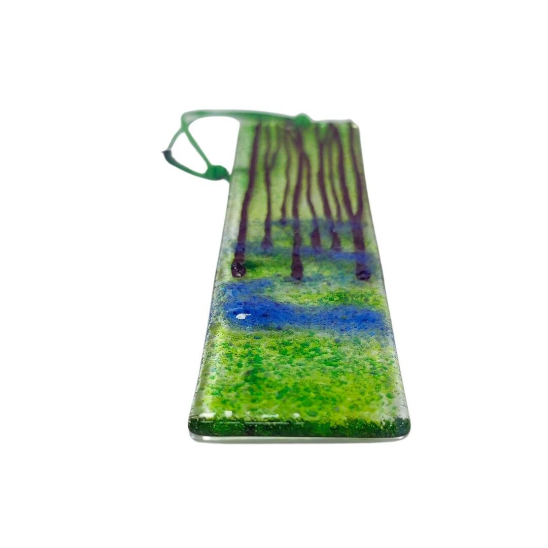 Fused glass suncatcher, bluebell woods, trees, flowers  fused glass art, window hanging art, glass hanging picture.