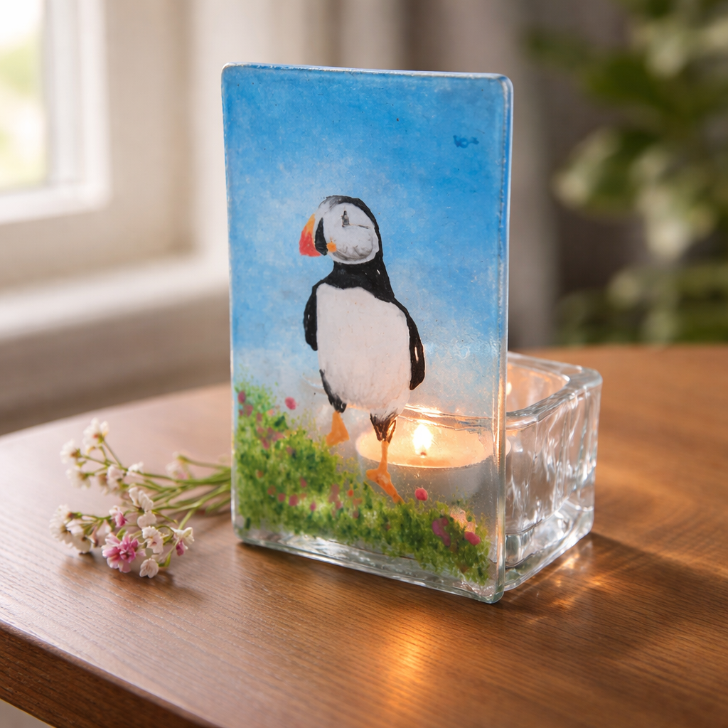 Fused glass Puffin tealight holder, candle shade, tea light holder