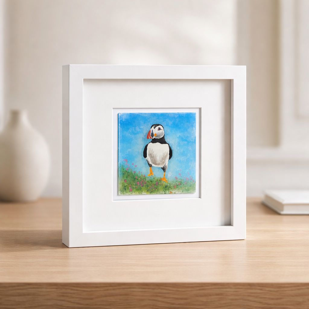 Fused glass medium framed picture 'Puffin', fused glass art, fused glass