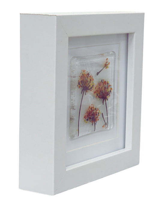 Fused glass small framed picture, mini fused glass art, rainbow dandelion wishes, fused glass flower picture