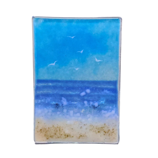 Fused glass tealight holder, Sea & Gulls, seaside, candle shade, beach tea light holder