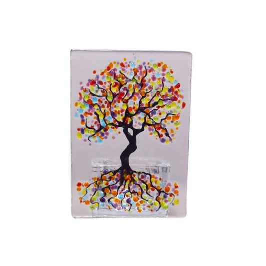 Fused glass tealight holder, rainbow Tree of Life candle shade