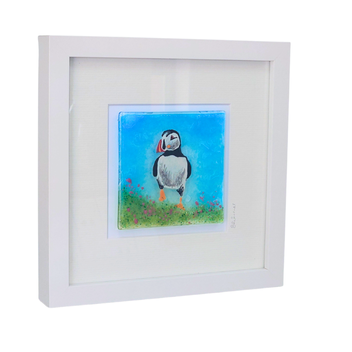 Fused glass medium framed picture 'Puffin', fused glass art, fused glass
