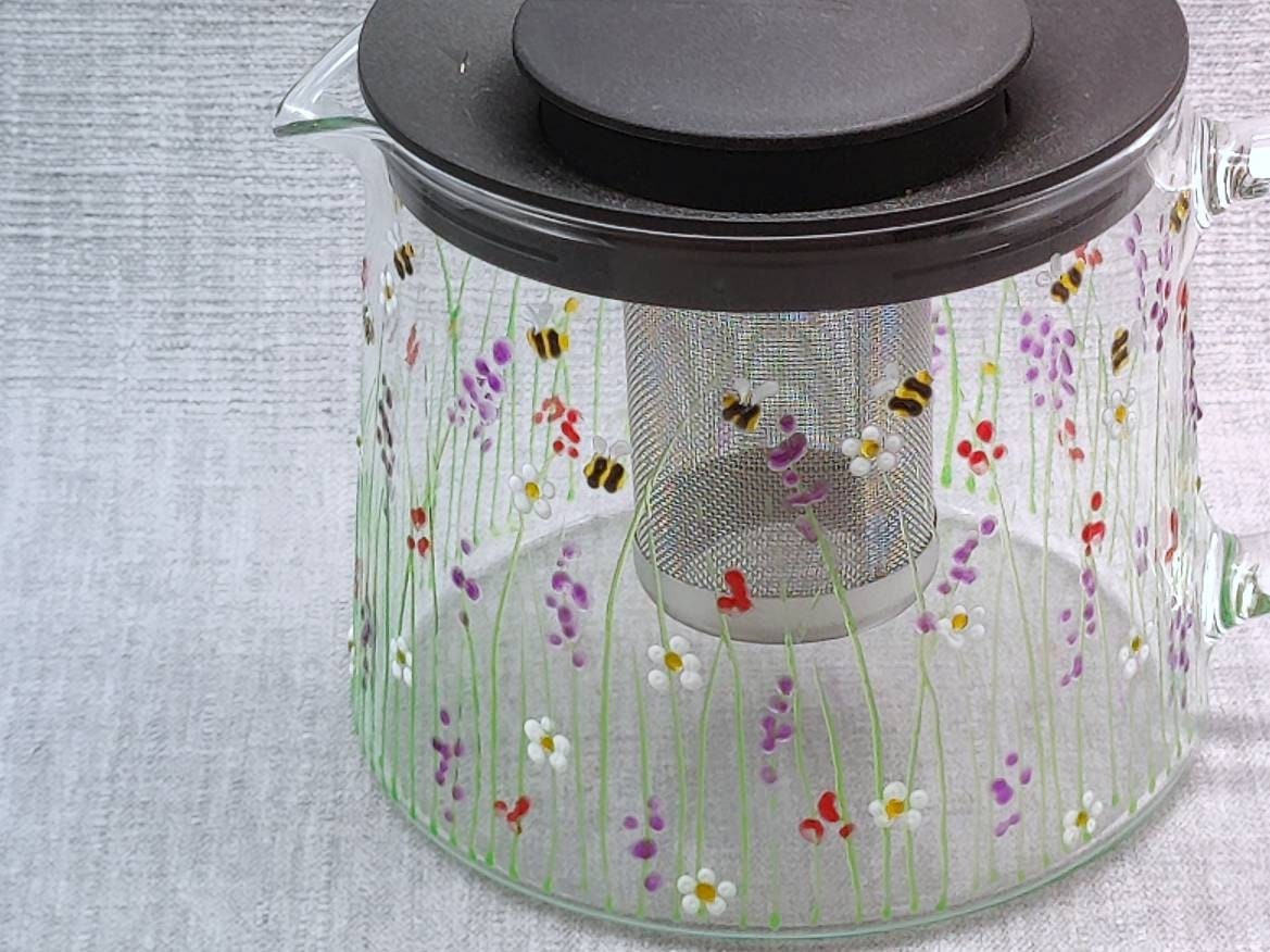 Hand-painted 'Summer Meadow & Bee ' Glass Teapot