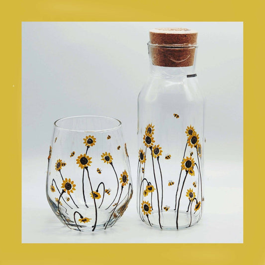 Hand painted 'Bee & Sunflower' design bedside water set