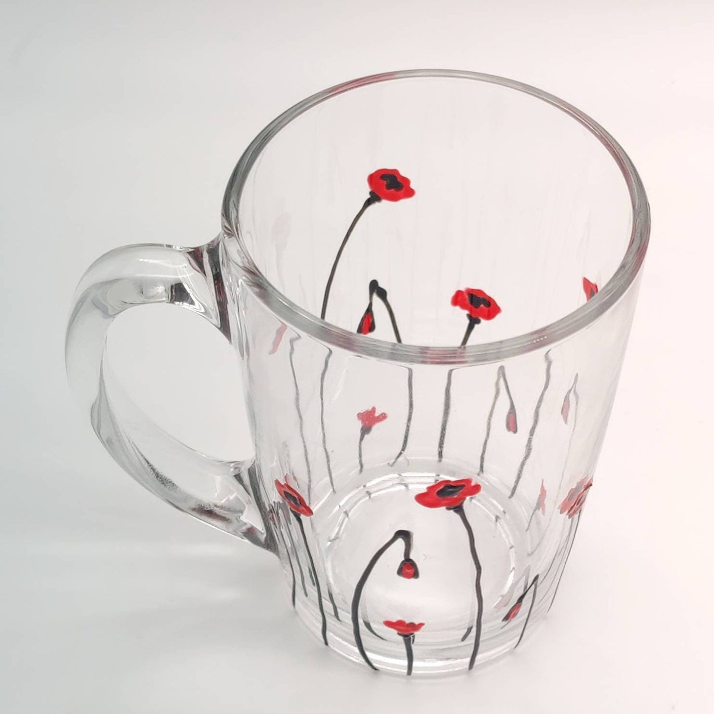 Poppy hand painted glass mug, tea/coffee mug