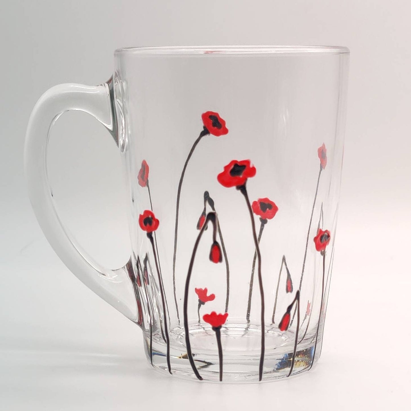 Poppy hand painted glass mug, tea/coffee mug