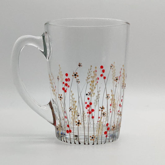 Autumn meadow design hand painted glass mug, tea/coffee mug