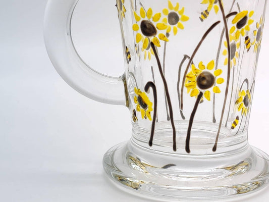 Bee & Sunflower hand painted glass latte mug