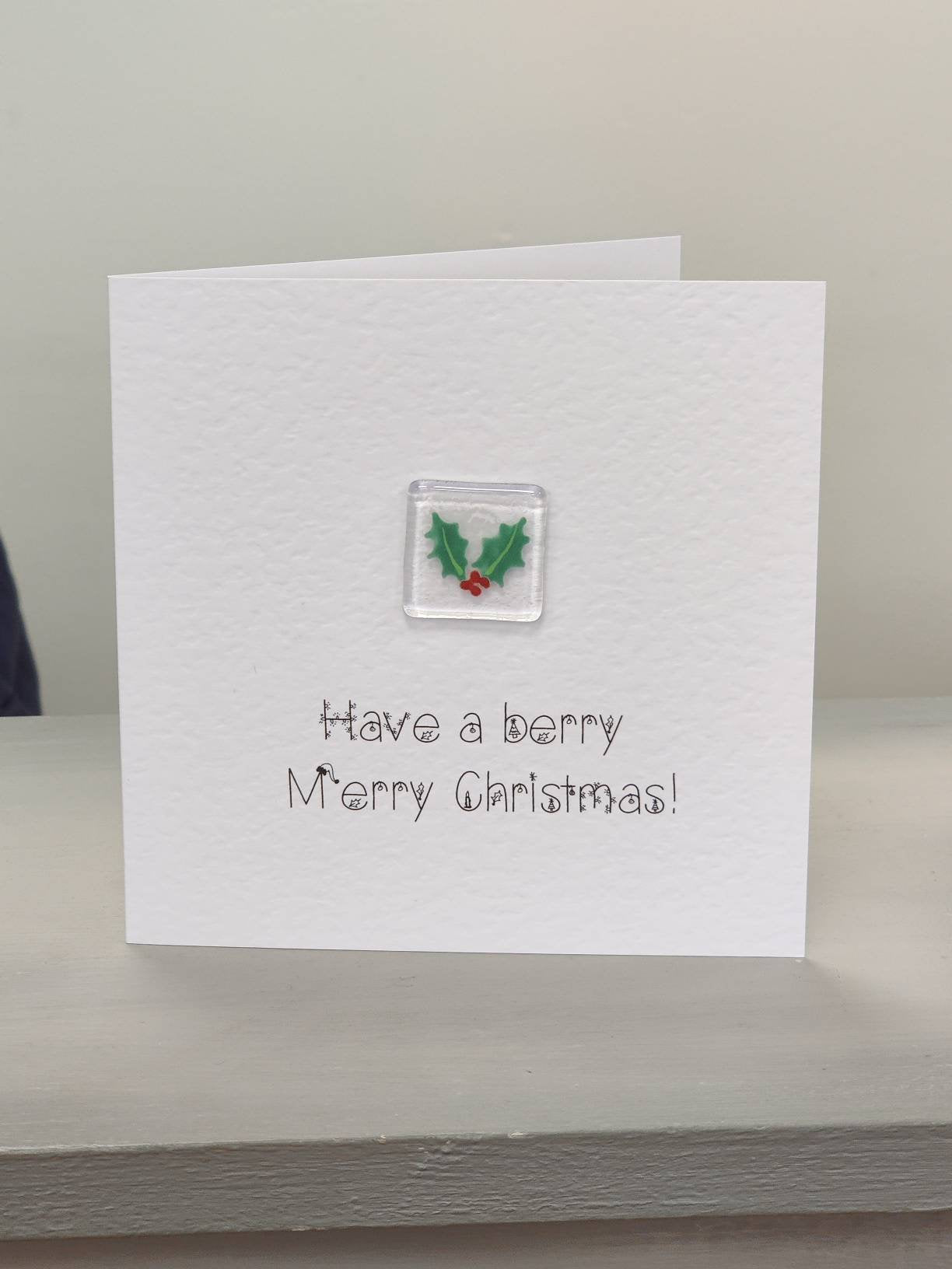 Fused glass Christmas card, Holly card , berry merry Christmas,  Christmas card, unique Xmas card.