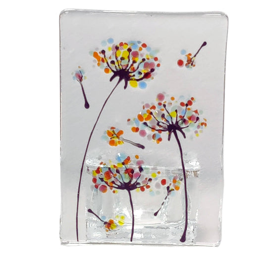 Fused glass tealight  holder, rainbow dandylion wishes candle shade, Flower tea light holder