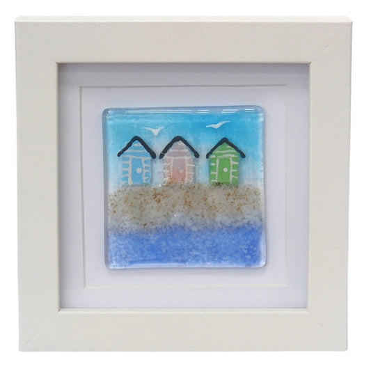 Fused glass small framed picture, mini fused glass gift, beach hut picture, fused glass seaside picture