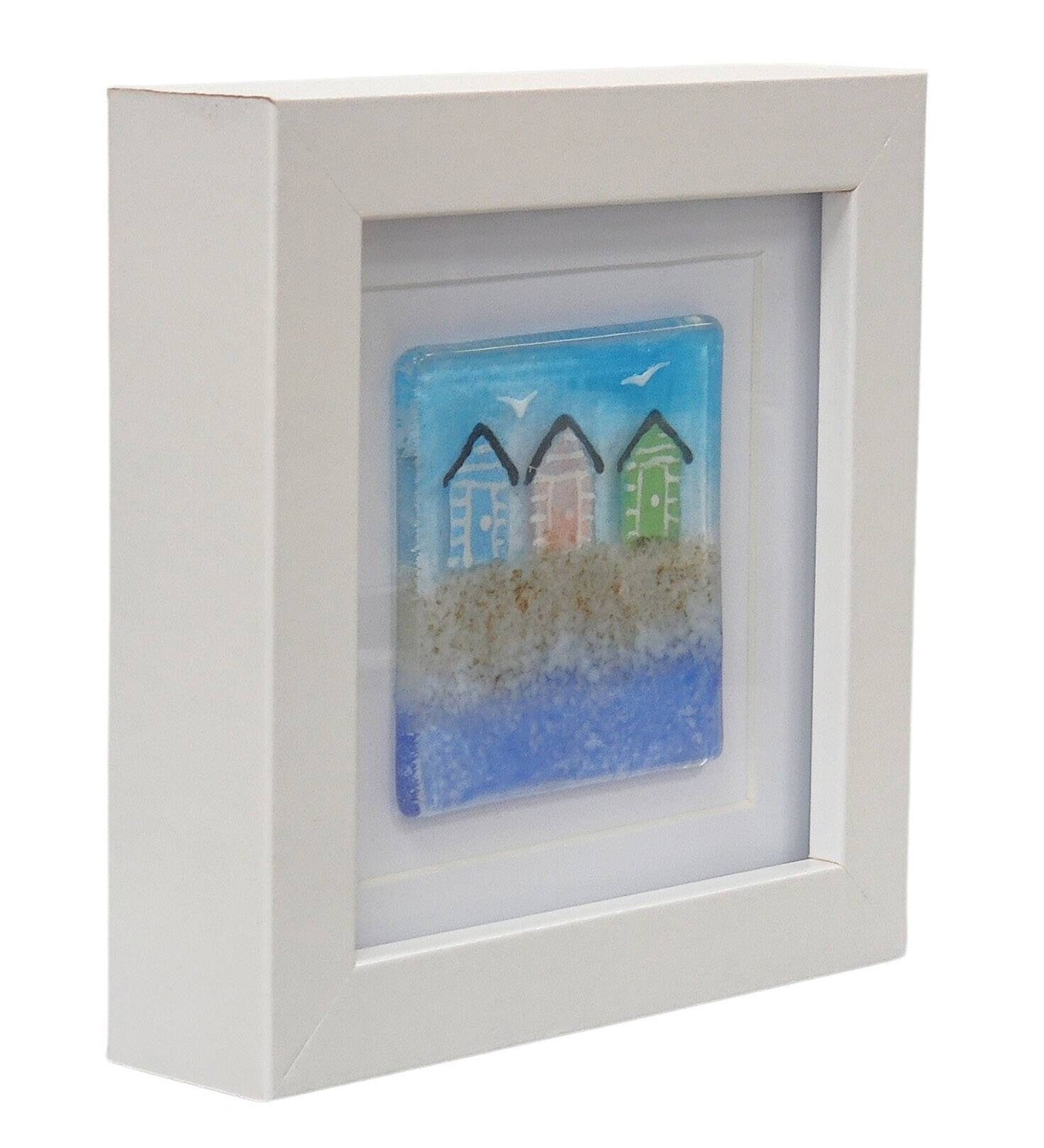 Fused glass small framed picture, mini fused glass gift, beach hut picture, fused glass seaside picture