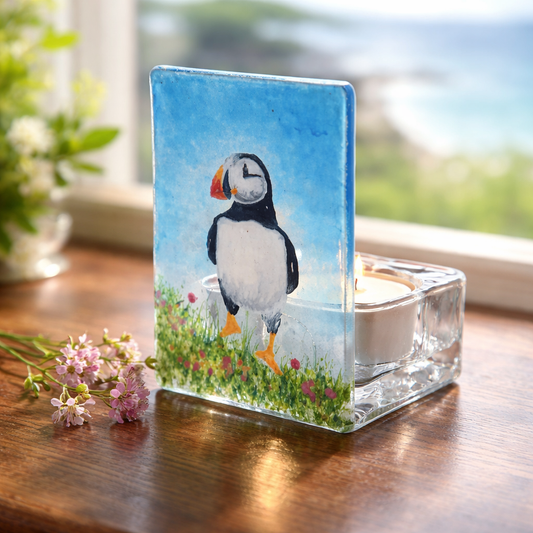 Fused glass Puffin tealight holder, candle shade,  tea light holder